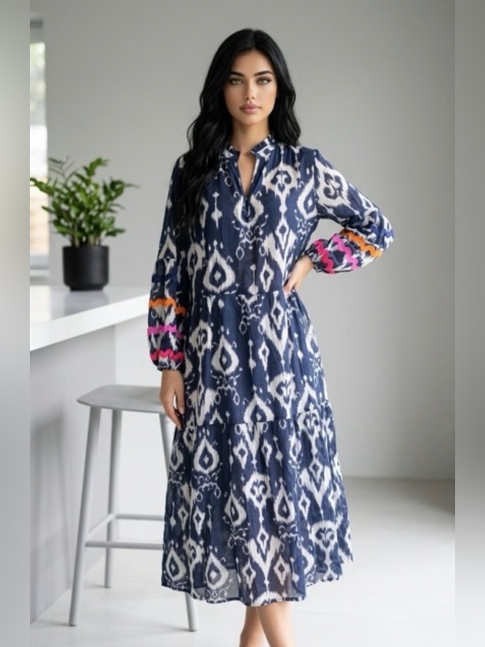 Vilagallo Tammy Ikat Navy Dress